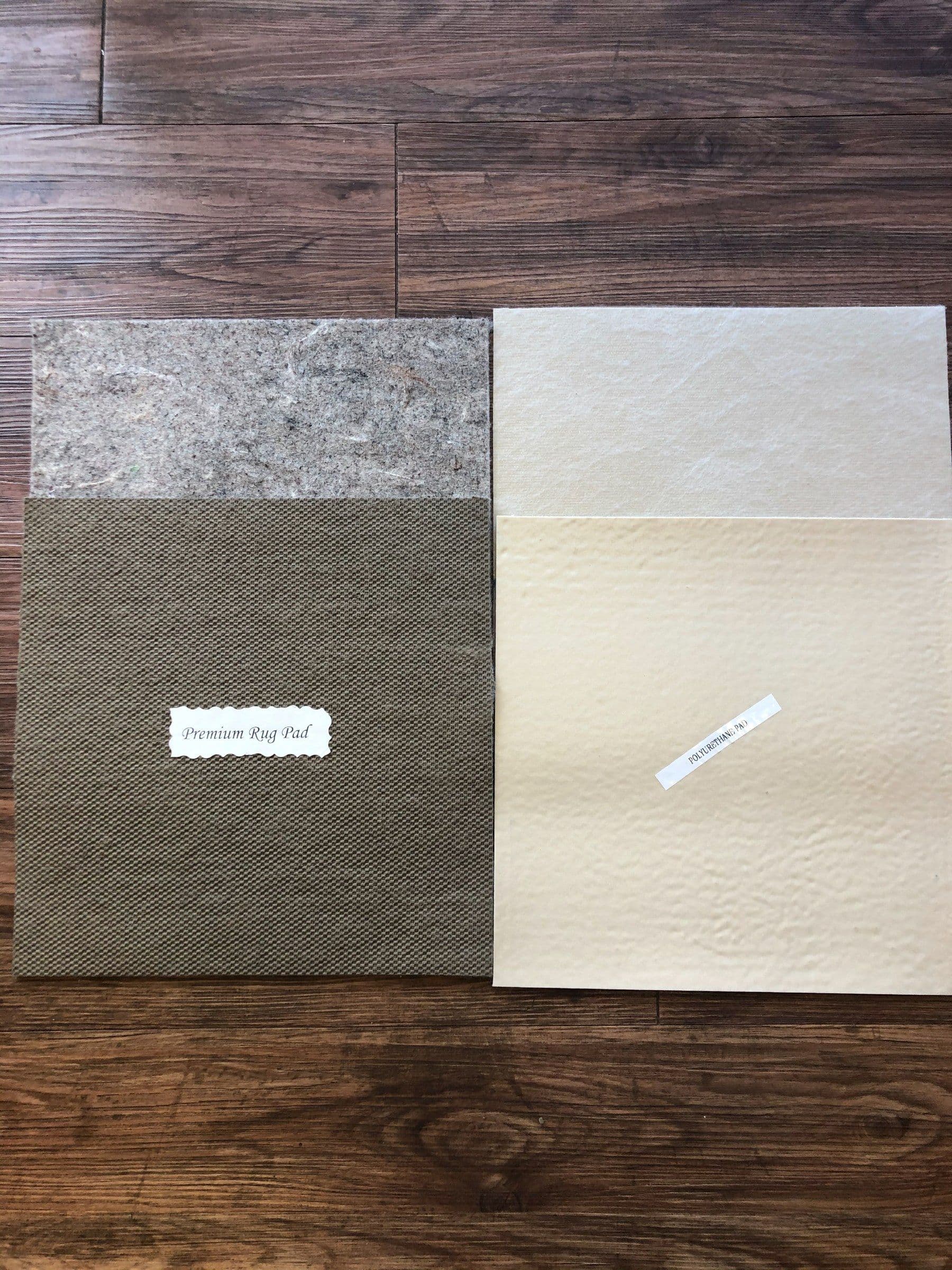 Premium and polyurethane rug pad samples showing their contrasting surfaces
